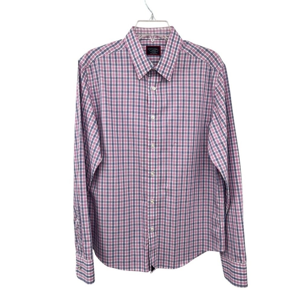 Untuckit Shirt Mens M Slim Fit Wrinkle Free Blue Pink Plaid Long Sleeve Used